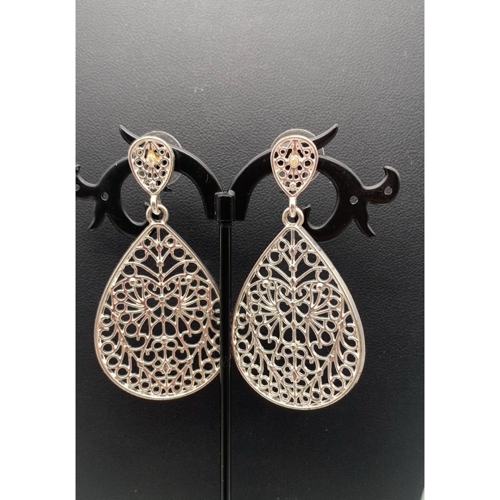 Silver Tone Open Work Filigree Teardrop Dangle Earrings